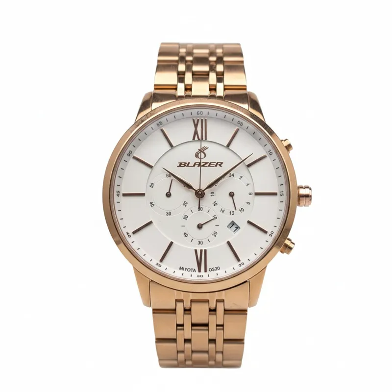 ساعت مچی مردانه بلیزر کرنوگراف رزگلد صفحه سفید تقویم دار مدل 8010